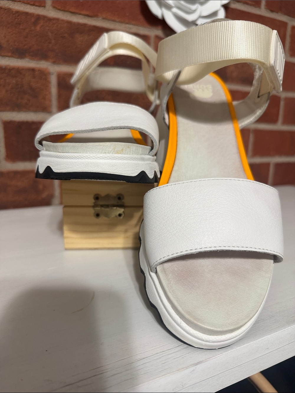Sorel White Platform Sandals with Orange Insole and Pink Heel Accent - Picture 2 of 10